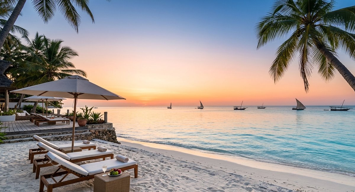 Tyrkysové moře a bílá písečná pláž v Nungwi na Zanzibaru při západu slunce jako ideální lokalita pro investice.