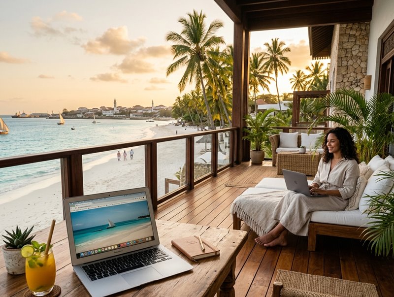 Luxusní vila na pláži na Zanzibaru s notebookem na terase, reprezentující životní styl a práci na dálku.